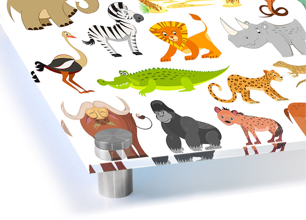 Colorful acrylic print featuring cartoon-style African animals, showcasing vibrant designs on 5mm thick acrylic glass.