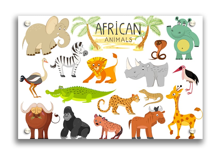 Colorful acrylic print featuring cartoon-style African animals, showcasing vibrant designs on 5mm thick acrylic glass.