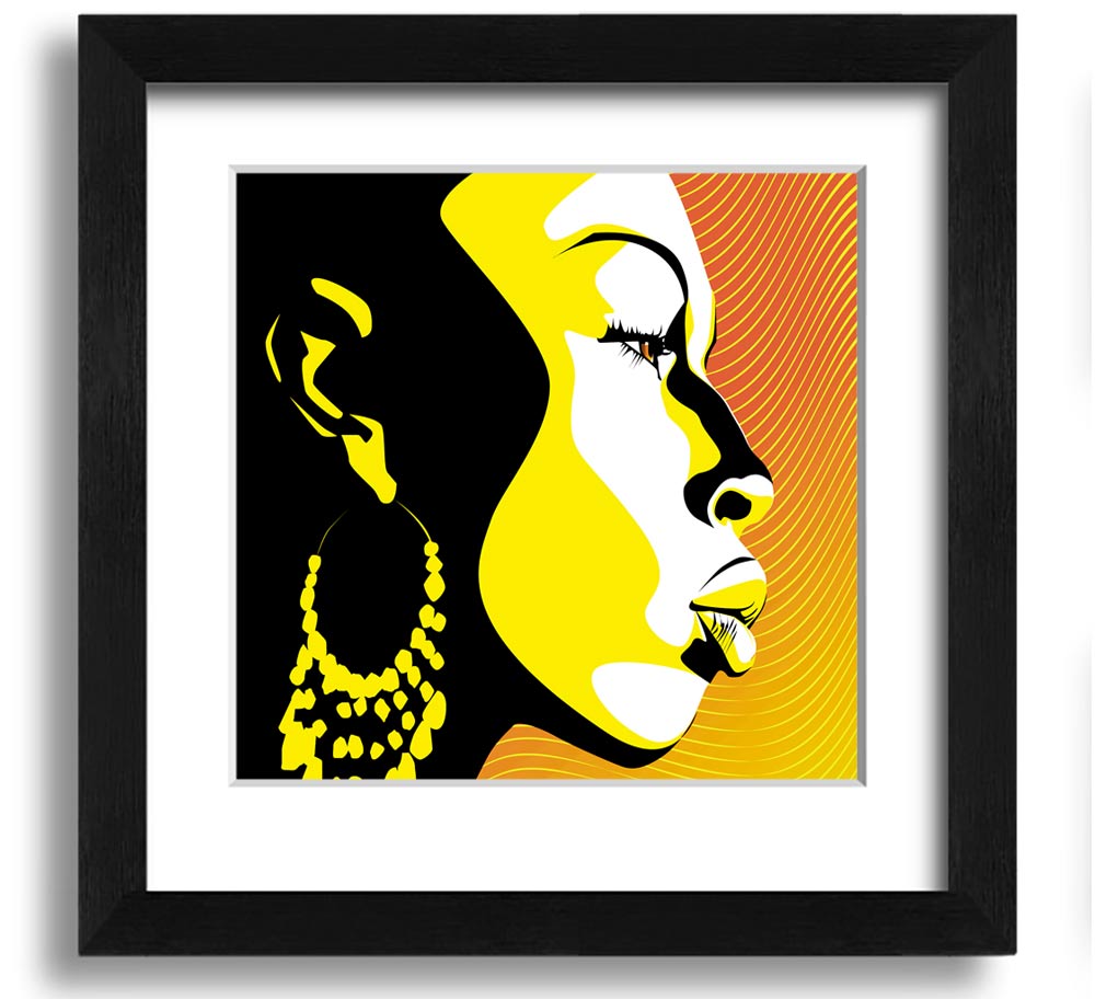 A square framed print of an African female figure illuminated by golden light, showcasing elegance and beauty.