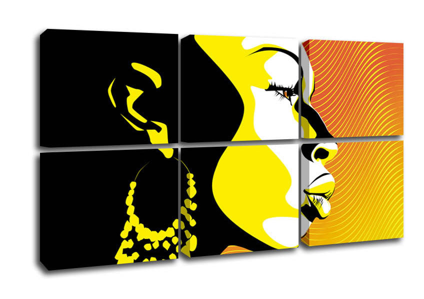 A beautiful canvas print of an African female figure illuminated by golden light, showcasing vibrant colors and intricate details.