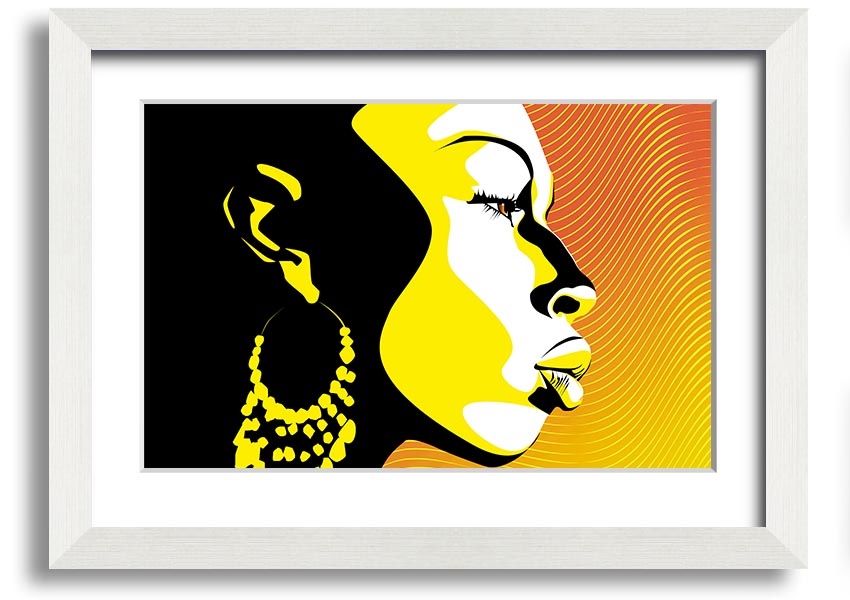 Framed print of an African female figure illuminated by golden light, showcasing vibrant colors and intricate details.