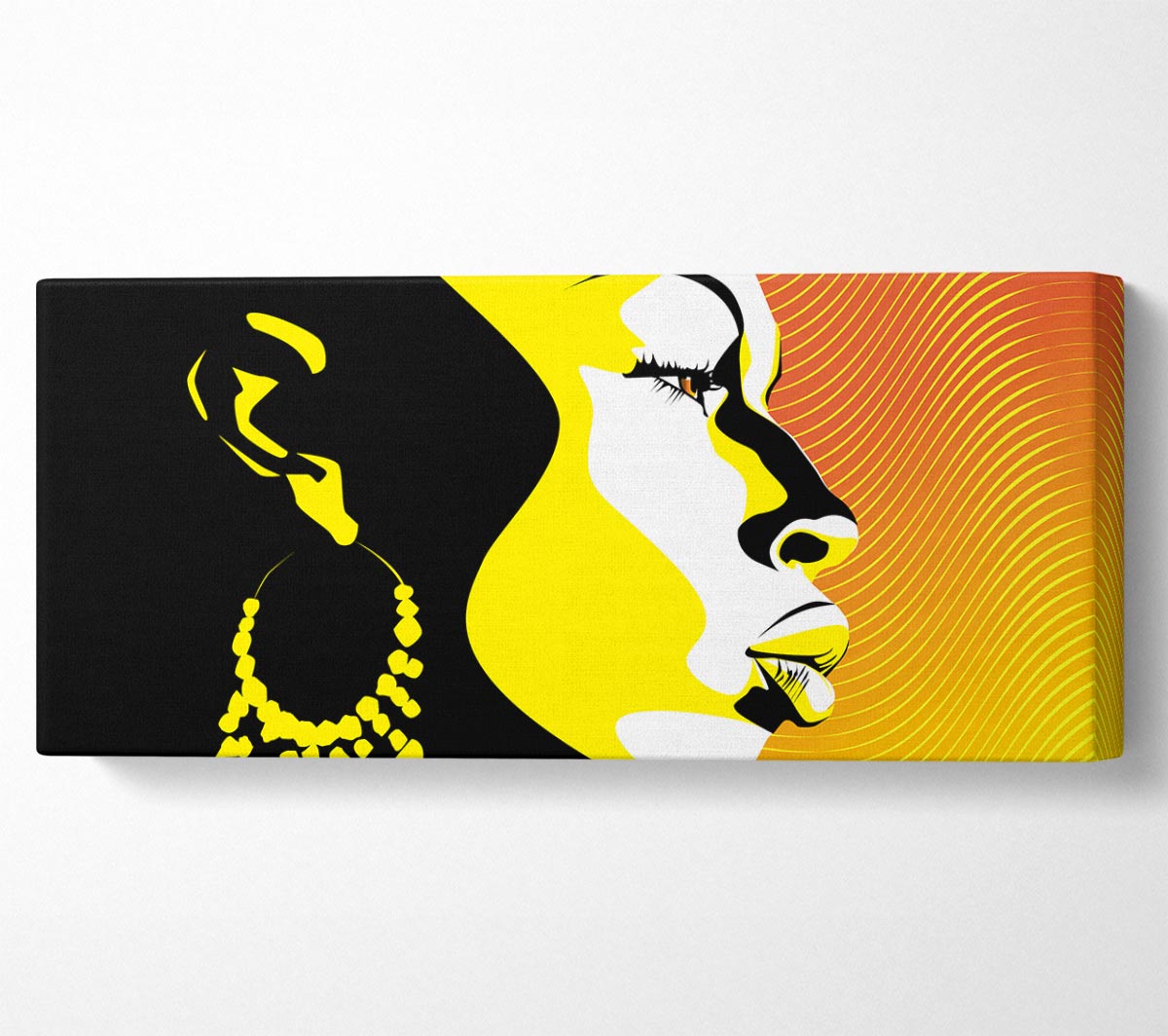 A beautiful African female figure illuminated by golden light, printed on canvas and framed elegantly.