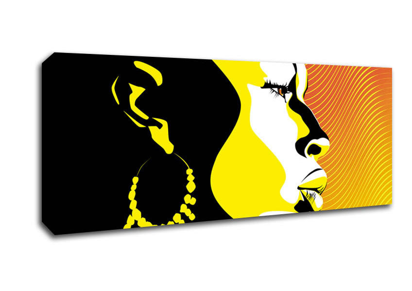 A beautiful African female figure illuminated by golden light, printed on canvas and framed elegantly.