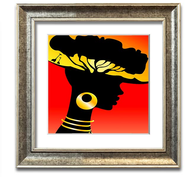 African Female Home Lands square framed print, showcasing vibrant colors and intricate designs, ready to hang.
