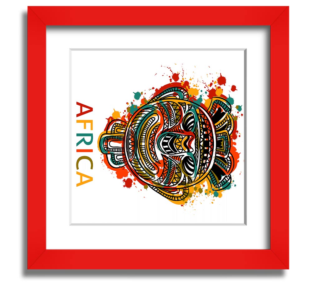 A beautifully framed African mask print showcasing intricate details and vibrant colors, ready to hang.