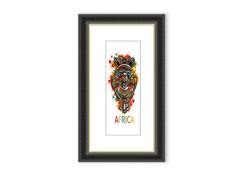 A beautifully framed African Mask print showcasing intricate designs and vibrant colors, ready to hang.