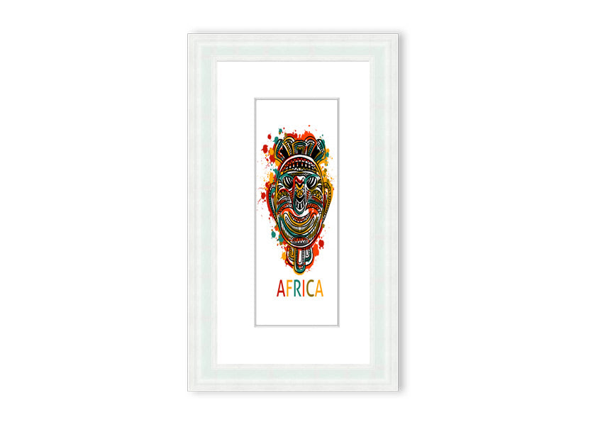 A beautifully framed African Mask print showcasing intricate designs and vibrant colors, ready to hang.