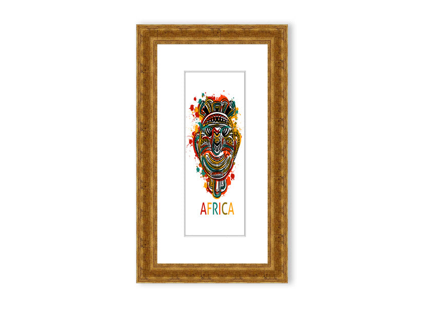 A beautifully framed African Mask print showcasing intricate designs and vibrant colors, ready to hang.