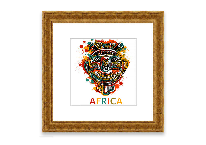 A beautifully framed African Mask print showcasing intricate designs and vibrant colors, ready to hang.