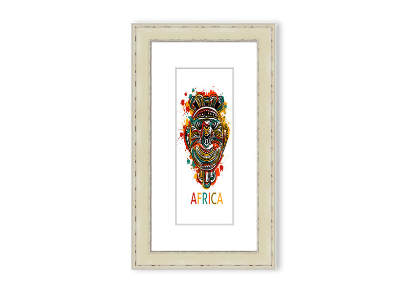 A beautifully framed African Mask print showcasing intricate designs and vibrant colors, ready to hang.