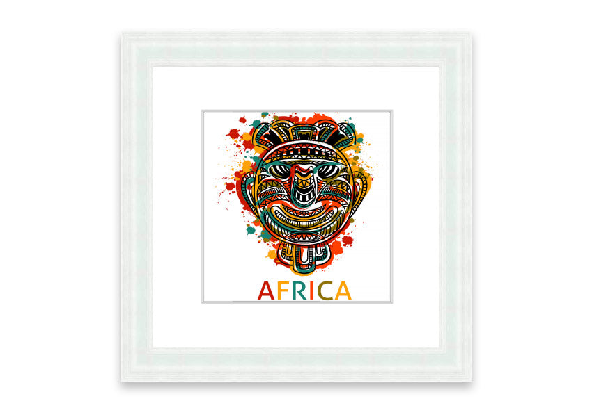 A beautifully framed African Mask print showcasing intricate designs and vibrant colors, ready to hang.