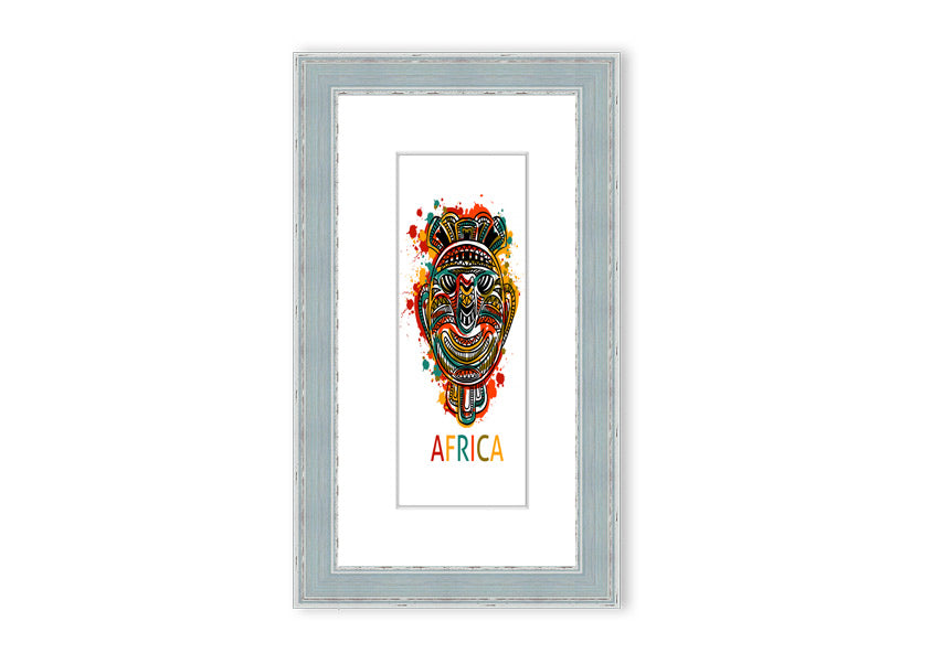A beautifully framed African Mask print showcasing intricate designs and vibrant colors, ready to hang.