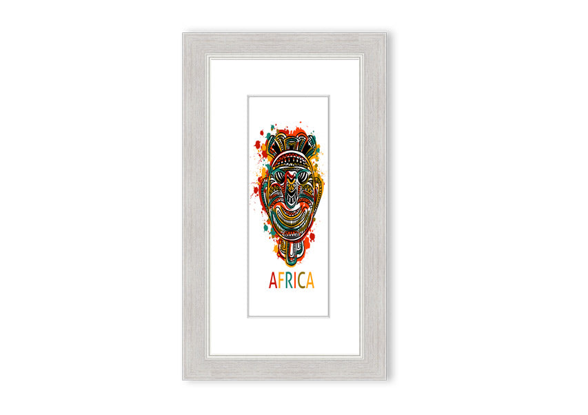 A beautifully framed African Mask print showcasing intricate designs and vibrant colors, ready to hang.