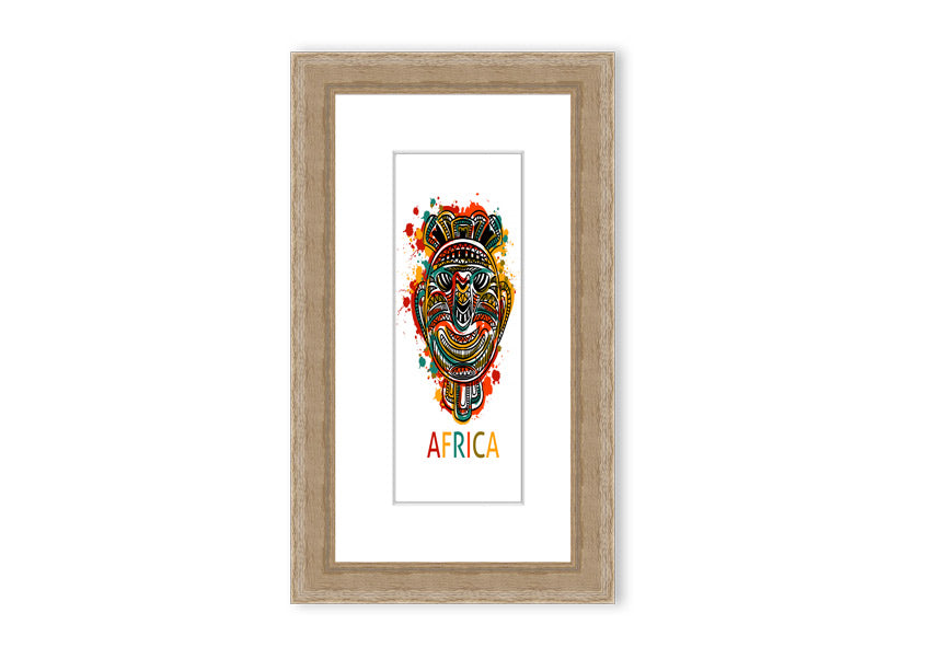 A beautifully framed African Mask print showcasing intricate designs and vibrant colors, ready to hang.