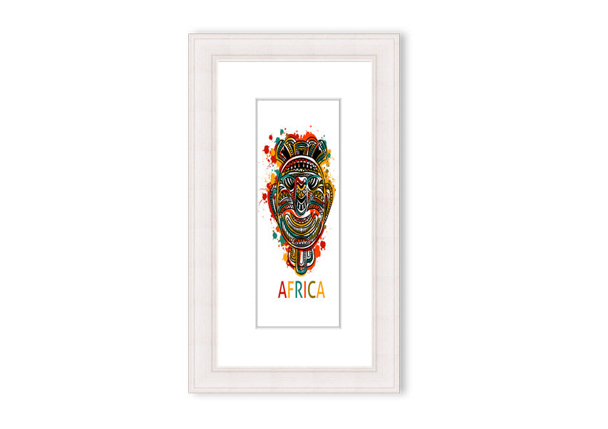 A beautifully framed African Mask print showcasing intricate designs and vibrant colors, ready to hang.