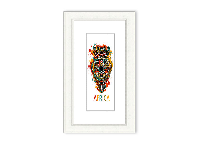 A beautifully framed African Mask print showcasing intricate designs and vibrant colors, ready to hang.