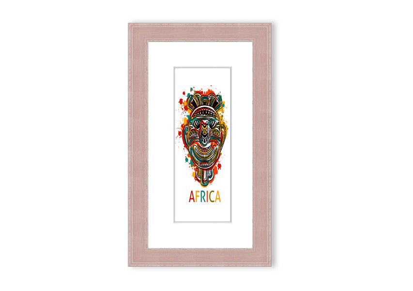 A beautifully framed African Mask print showcasing intricate designs and vibrant colors, ready to hang.