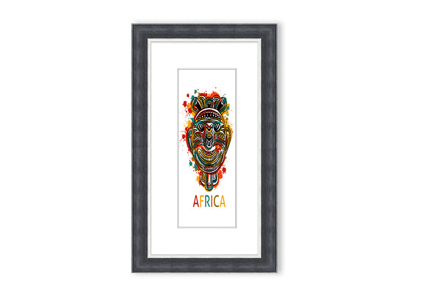 A beautifully framed African Mask print showcasing intricate designs and vibrant colors, ready to hang.