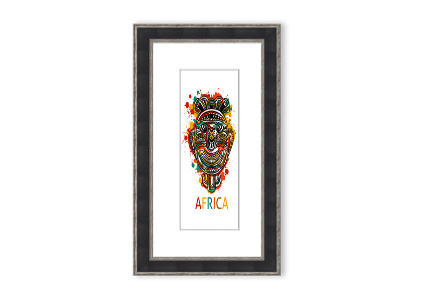 A beautifully framed African Mask print showcasing intricate designs and vibrant colors, ready to hang.