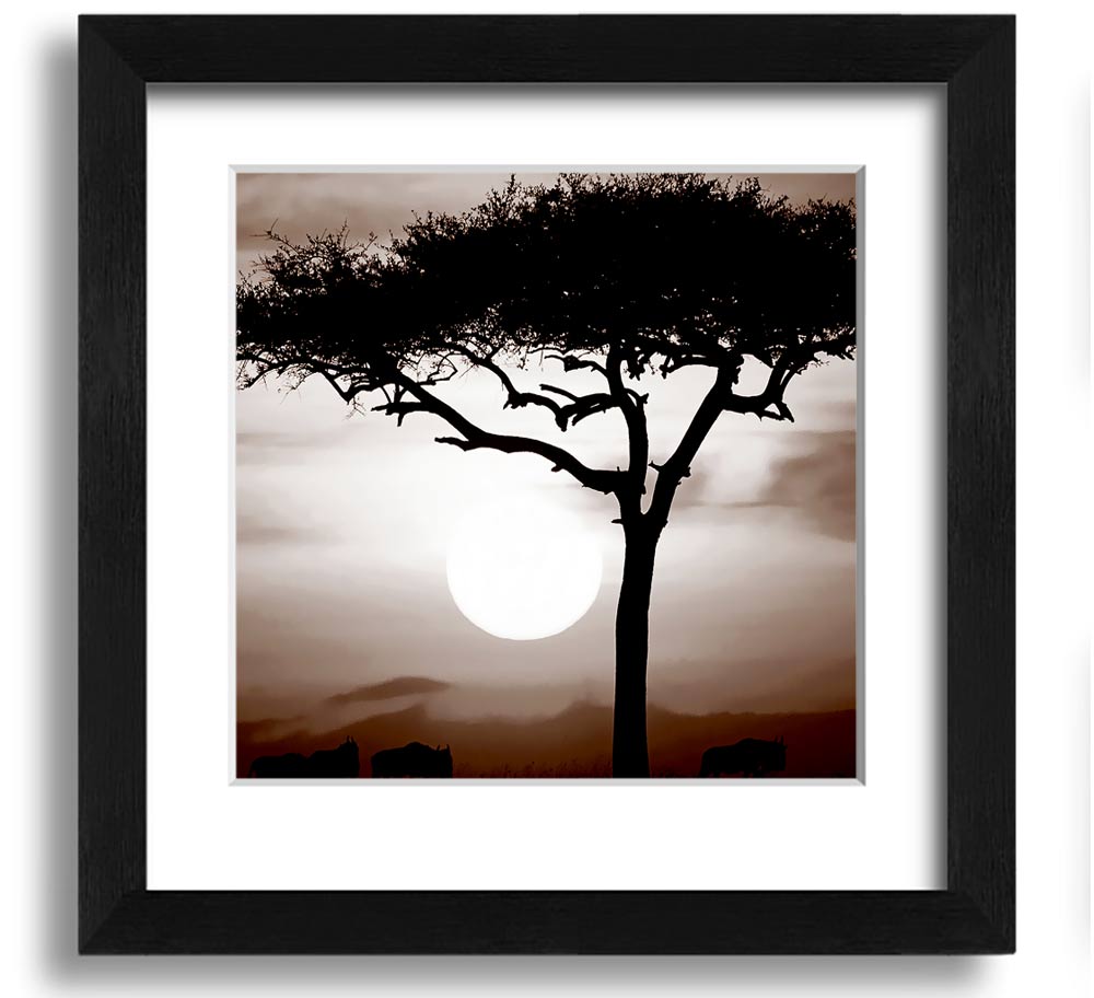 African Safari Brown Square Framed Print with multiple frame color options, showcasing a vibrant safari landscape.