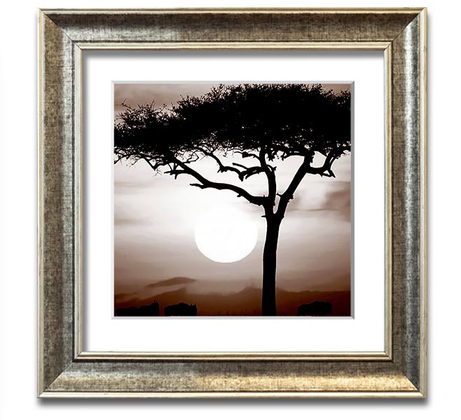 African Safari Brown Square Framed Print with multiple frame color options, showcasing a vibrant safari landscape.