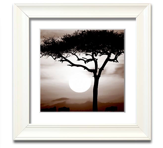 African Safari Brown Square Framed Print with multiple frame color options, showcasing a vibrant safari landscape.
