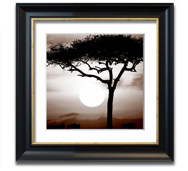 African Safari Brown Square Framed Print with multiple frame color options, showcasing a vibrant safari landscape.