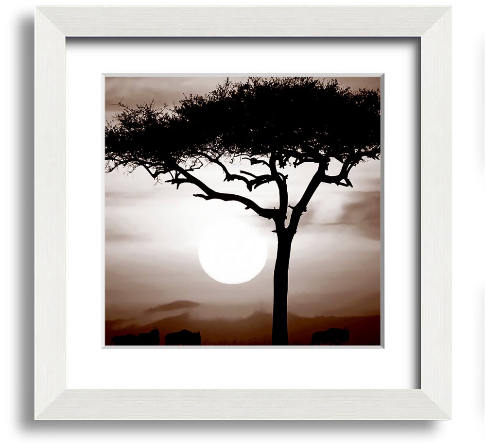 African Safari Brown Square Framed Print with multiple frame color options, showcasing a vibrant safari landscape.