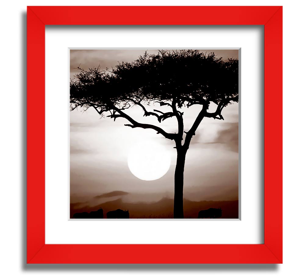 African Safari Brown Square Framed Print with multiple frame color options, showcasing a vibrant safari landscape.