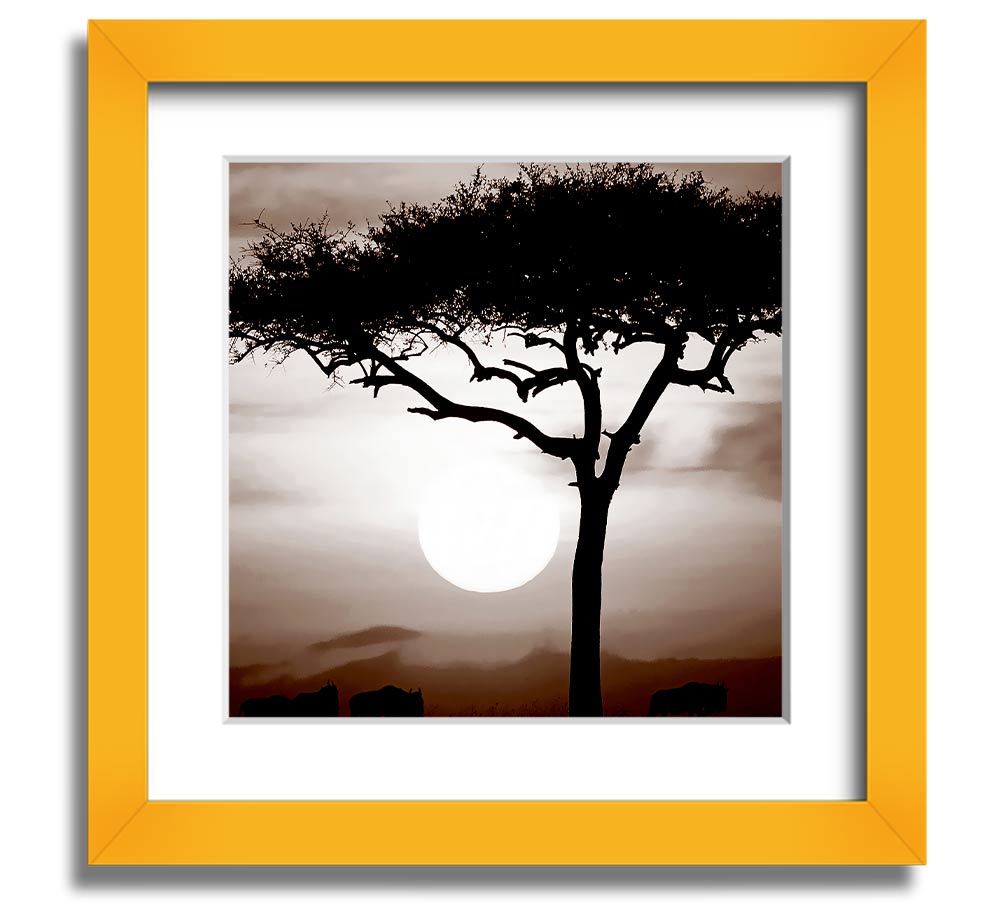 African Safari Brown Square Framed Print with multiple frame color options, showcasing a vibrant safari landscape.
