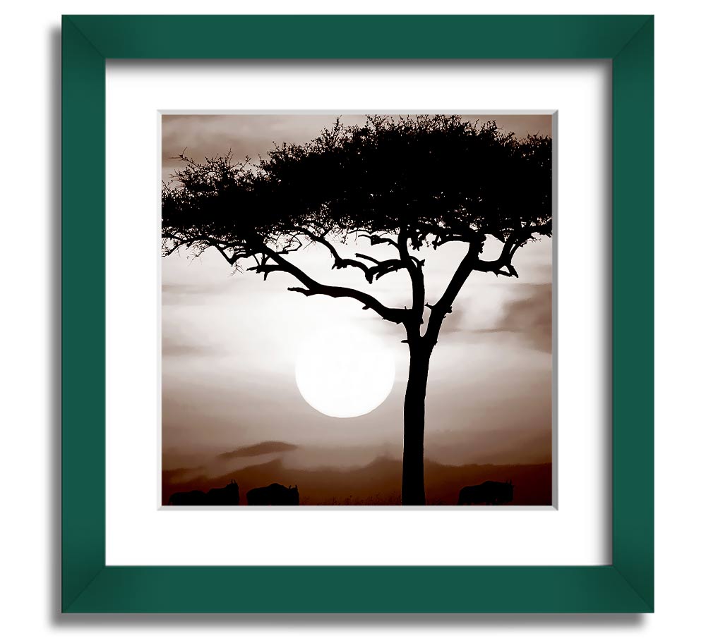 African Safari Brown Square Framed Print with multiple frame color options, showcasing a vibrant safari landscape.