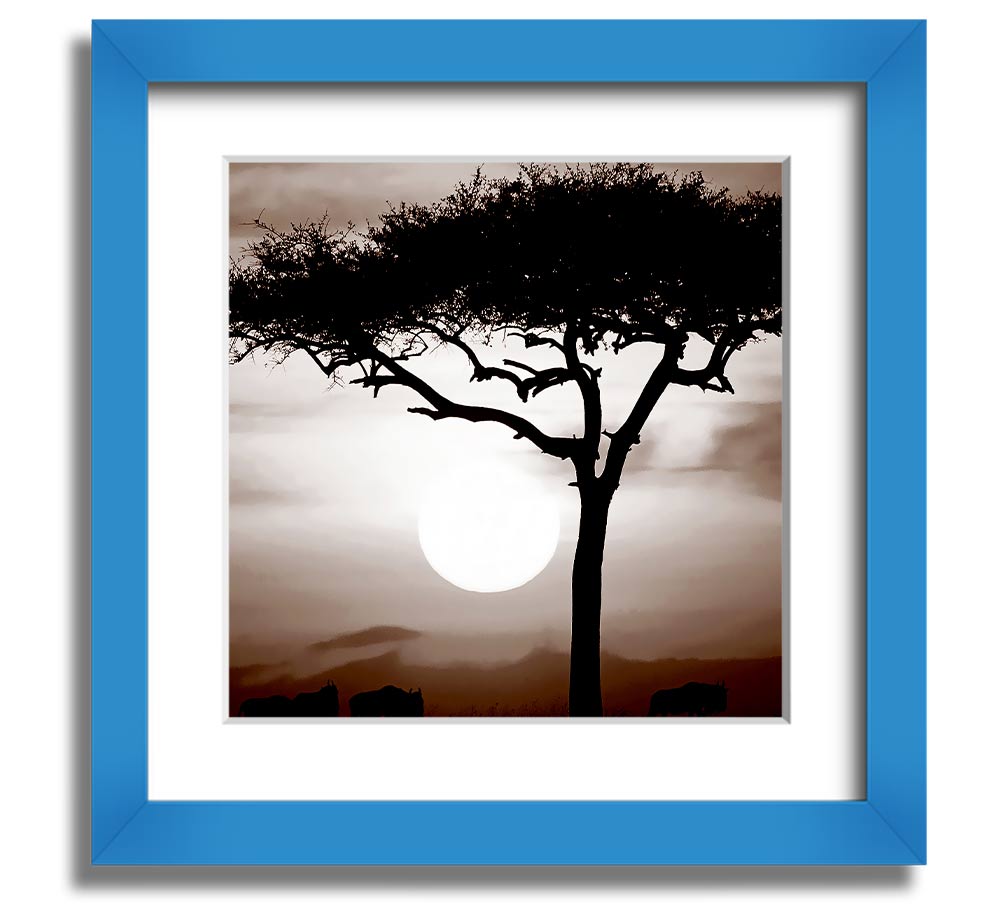 African Safari Brown Square Framed Print with multiple frame color options, showcasing a vibrant safari landscape.