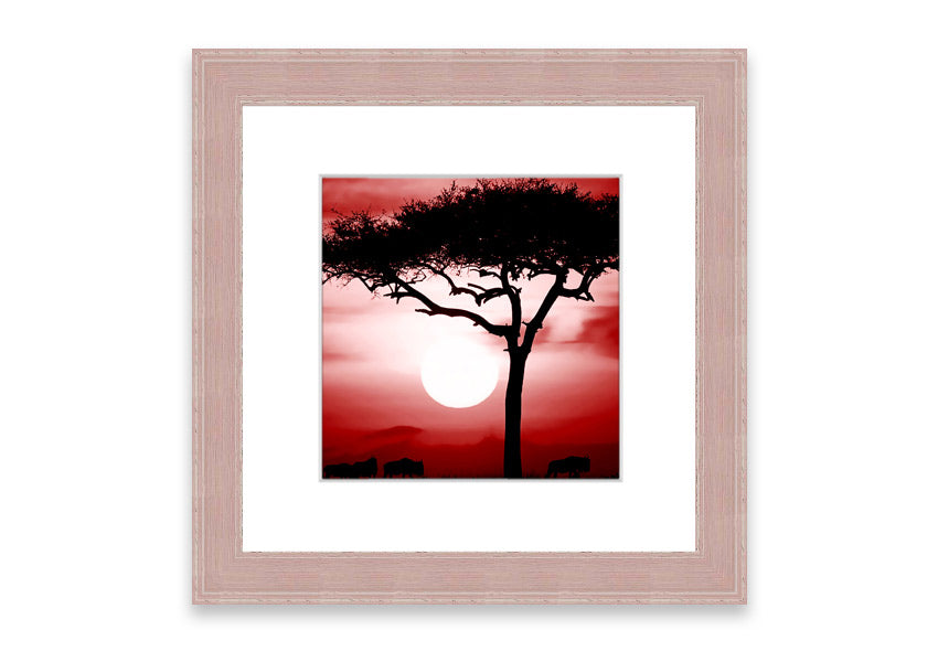 African Safari Red framed print showcasing vibrant colors and intricate details, ready to hang.