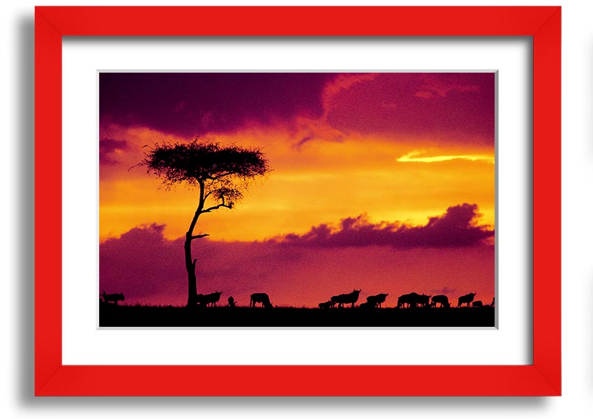 A beautifully framed print of an African sunset, showcasing vibrant colors and serene landscapes, ready to hang on the wall.