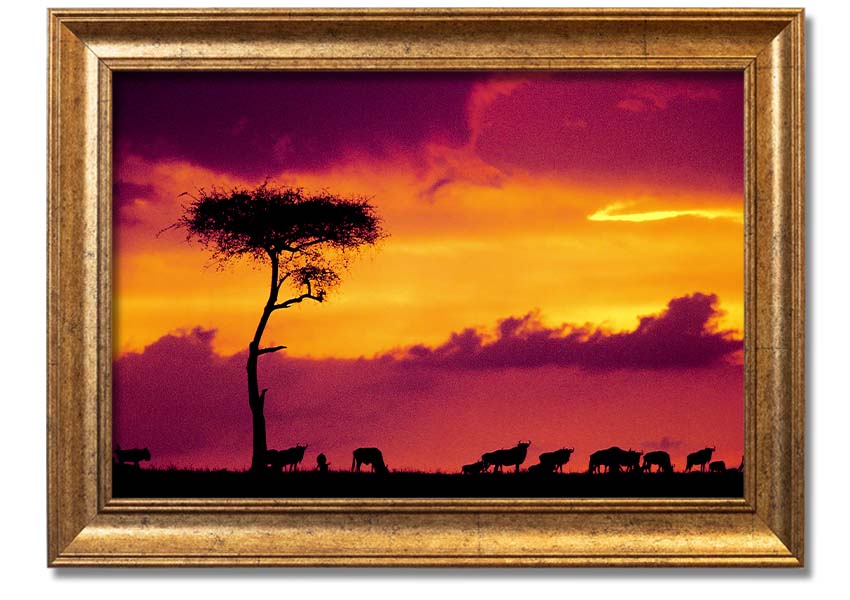 A beautifully framed print of an African sunset, showcasing vibrant colors and serene landscapes, ready to hang on the wall.