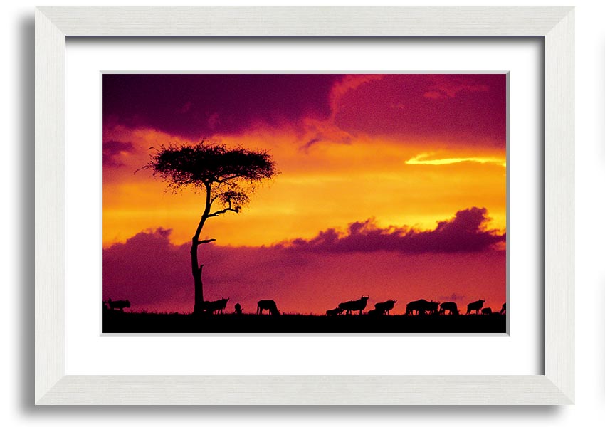 A beautifully framed print of an African sunset, showcasing vibrant colors and serene landscapes, ready to hang on the wall.