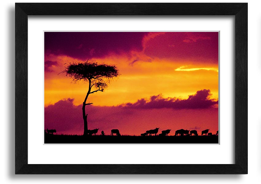 A beautifully framed print of an African sunset, showcasing vibrant colors and serene landscapes, ready to hang on the wall.