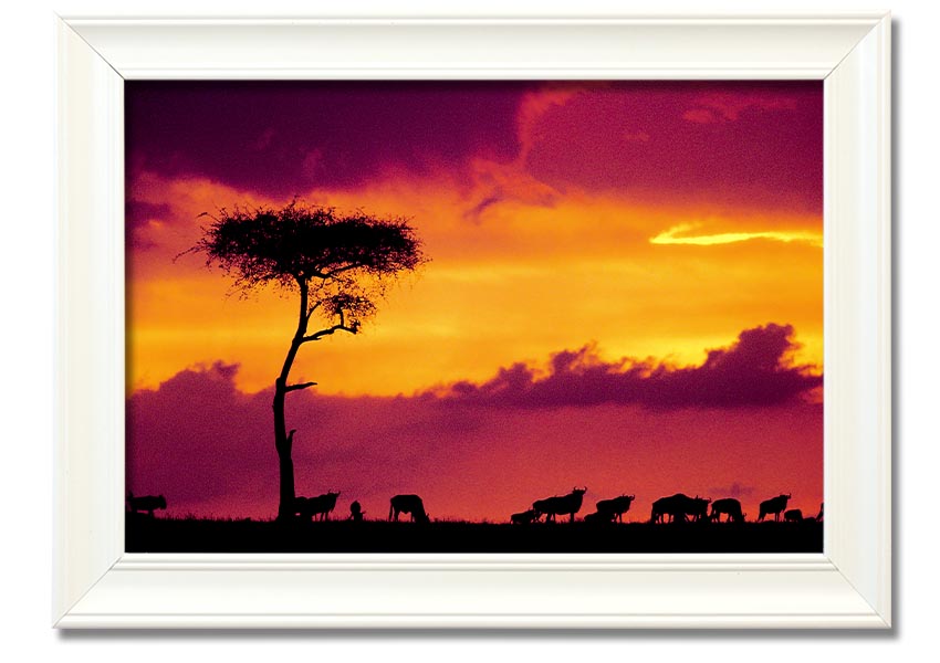 A beautifully framed print of an African sunset, showcasing vibrant colors and serene landscapes, ready to hang on the wall.