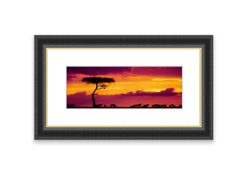 Framed print of an African sunset, showcasing vibrant colors and serene landscape, ready to hang.