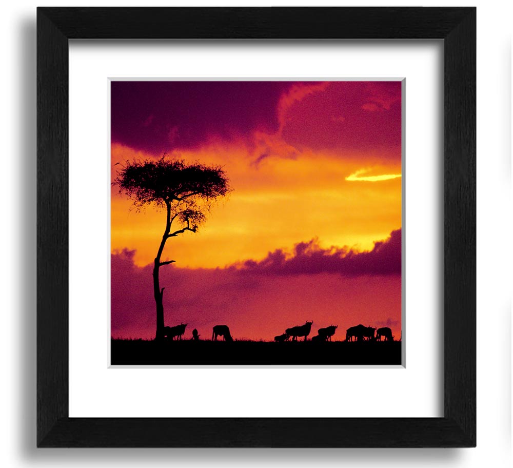 A beautifully framed print of an African sunset, showcasing vibrant colors and serene landscapes, ready to hang.