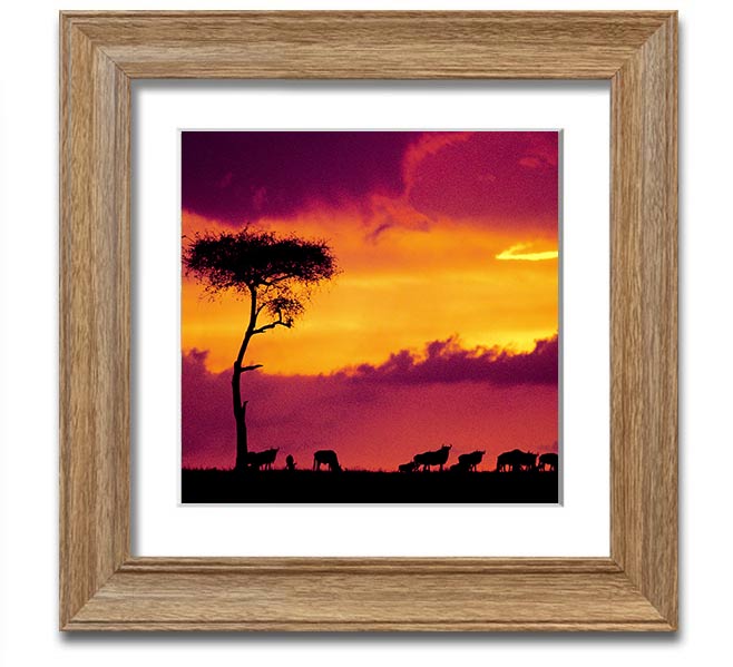 A beautifully framed print of an African sunset, showcasing vibrant colors and serene landscapes, ready to hang.