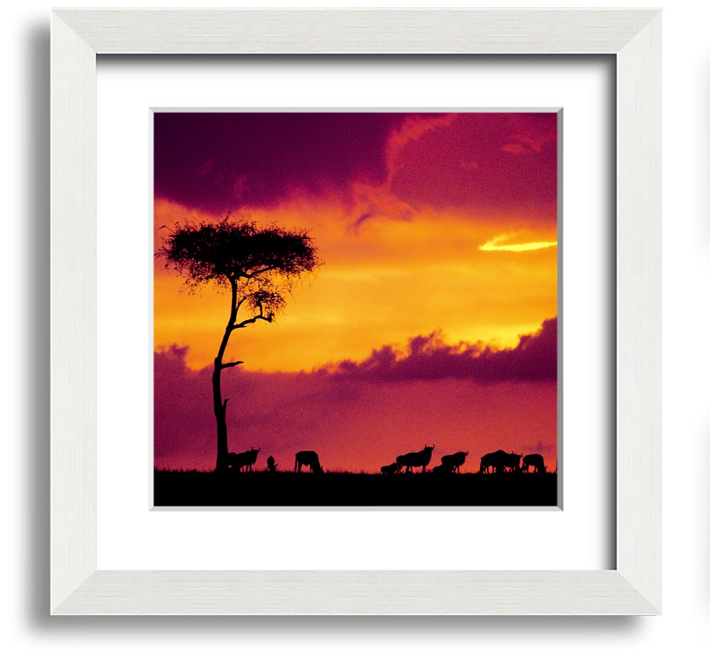 A beautifully framed print of an African sunset, showcasing vibrant colors and serene landscapes, ready to hang.