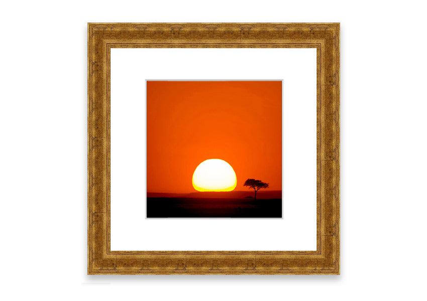 A beautifully framed print of an African sunrise, showcasing vibrant colors and serene landscape, ready to hang.