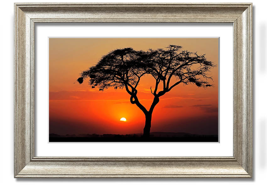 A beautifully framed print of an African sunset, showcasing vibrant colors and serene landscapes, ready to hang.