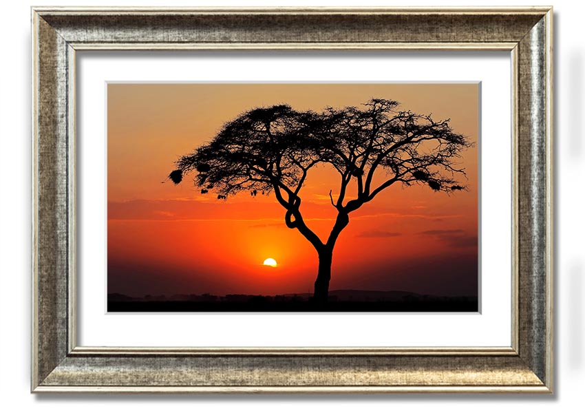 A beautifully framed print of an African sunset, showcasing vibrant colors and serene landscapes, ready to hang.