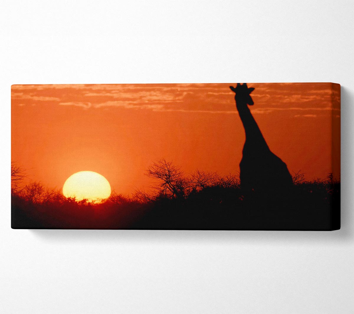 A vibrant canvas art piece featuring a giraffe silhouetted against a colorful African sunset, mounted on a sturdy box frame.