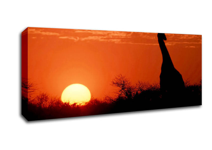 A vibrant canvas art piece featuring a giraffe silhouetted against a colorful African sunset, mounted on a sturdy box frame.