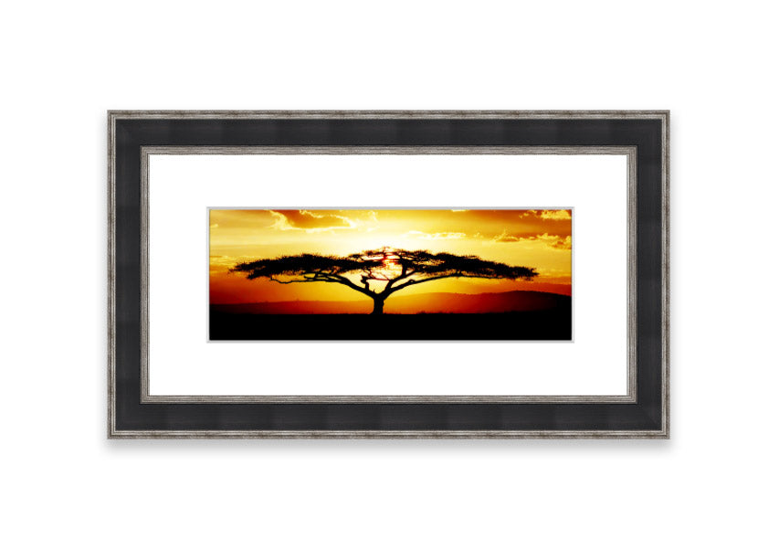 Framed print of an African tree at sunset, showcasing vibrant colors and a serene landscape.