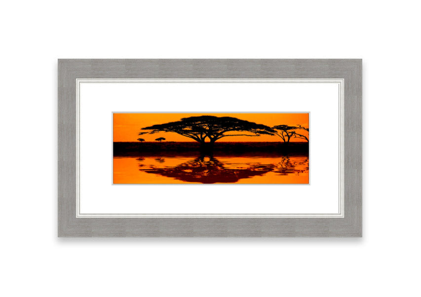 Framed print of African Tree Reflection, showcasing serene nature artwork with multiple frame color options.