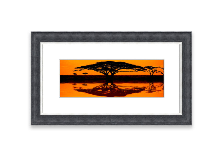 Framed print of African Tree Reflection, showcasing serene nature artwork with multiple frame color options.